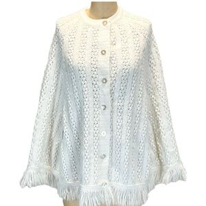 VINTAGE 60s mid century knit‎ sweater cape poncho shawl button front fringe